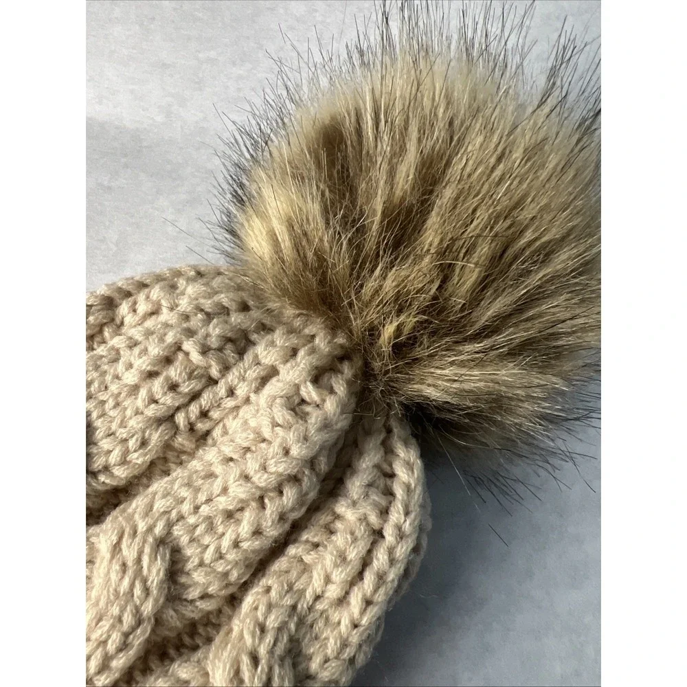 Girls, Winter Tan Pom Hat,‎ Beanie Ribbed Band Soft Knit